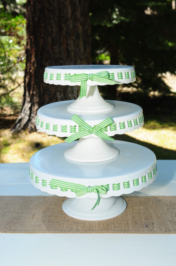 Tiered cake plates, 8', 9.5", 11"- stands 14" high, $30 (ribbon not included)