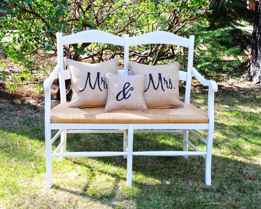 Garden Bench ($35)  burlap "Mr. & Mrs." pillows ($20) 